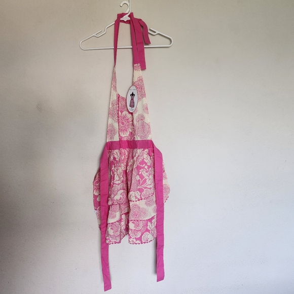 Simply Envogue Sweet Whisper retro pink white floral print ruffle apron cute NWT - Picture 2 of 12